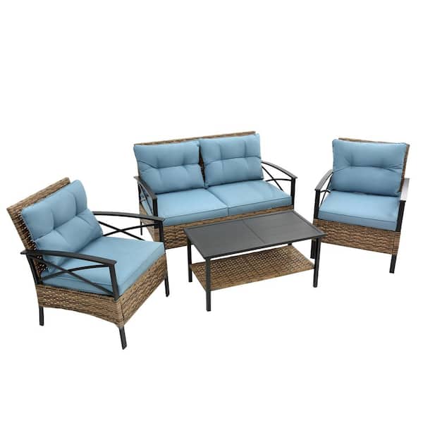 Angel Sar 4-Piece Wicker Sectional Low Dining Patio Conversation Sofa Set with Blue Cushion