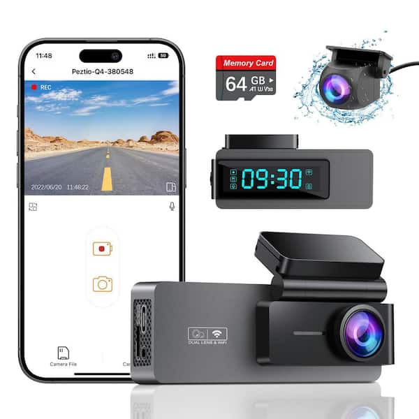 phyfalip Dash Cam Dual 4K+1080P Car Camera with 64GB Card Built-in WiFi Night Vision Loop Recording