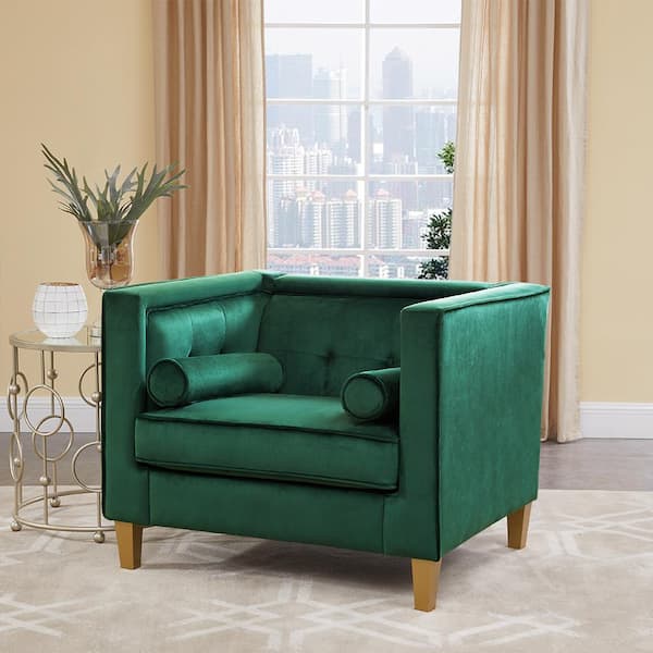 HOMESTOCK 39.4 in. Velvet Accent Chair for Living Room, Tufted Cushion, Solid Wooden Legs in 1-Piece - Green