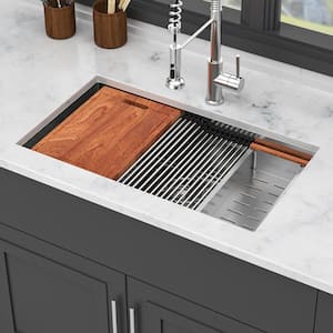 33 in. Undermount Single Bowl 16-Gauge Brushed Nickel Stainless Steel Kitchen Sink with Workstation