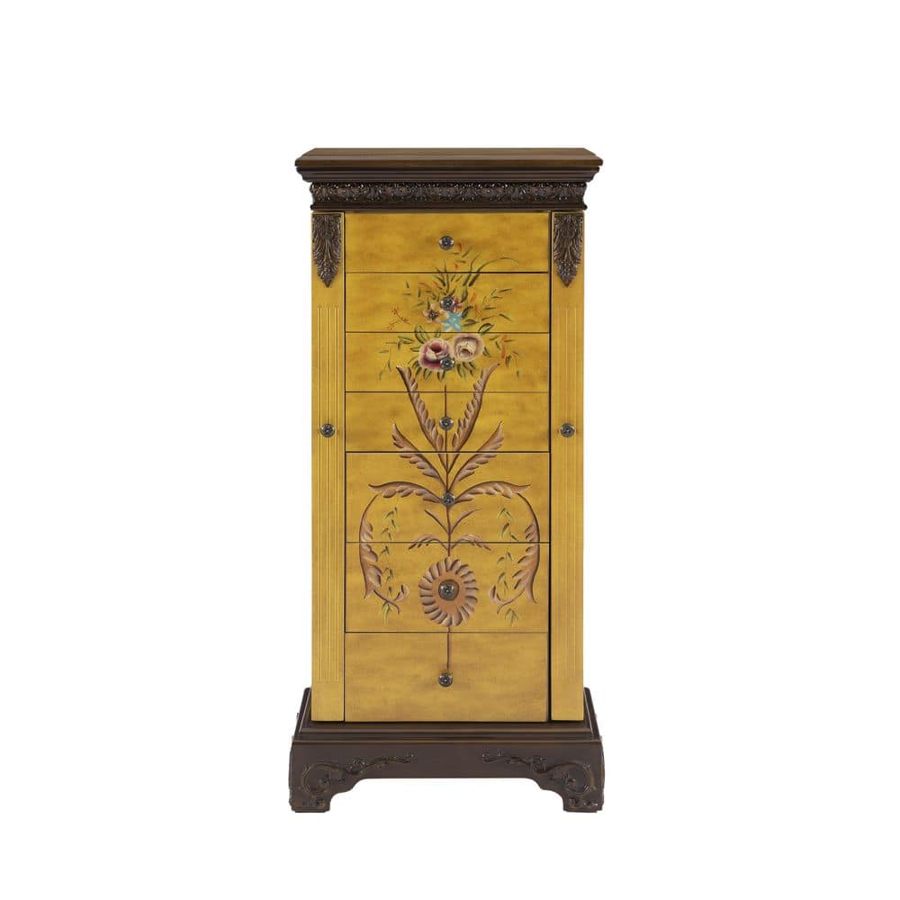 Antique Parchment Hand-Painted Floral Jewelry Armoire with Mirror