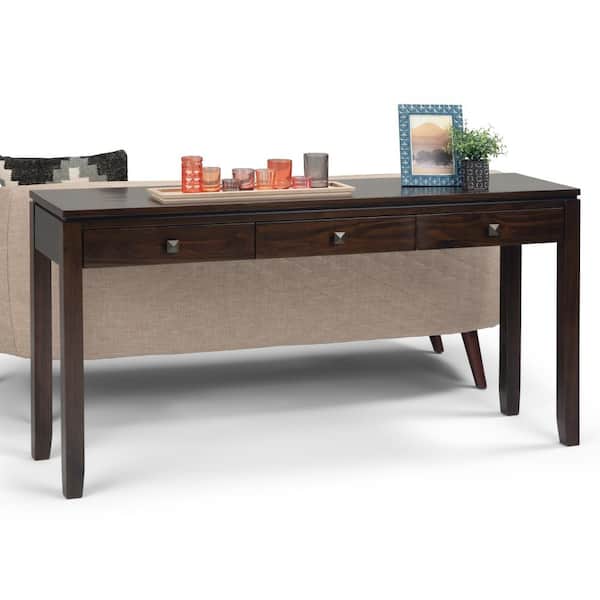Simpli Home Cosmopolitan Solid wood 60 in. Wide Contemporary Wide Console Sofa Table in Mahogany Brown