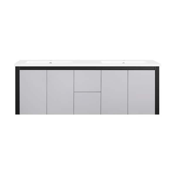 OVE Decors Lelio IV 60 in. W x 18 in. D x 21 in. H Double Sink Floating Bath Vanity in American Gray and Black with White Resin Top