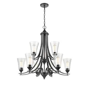 Natalie 32 in. 9-Light Matte Black Chandelier Light with Clear Seeded Shade