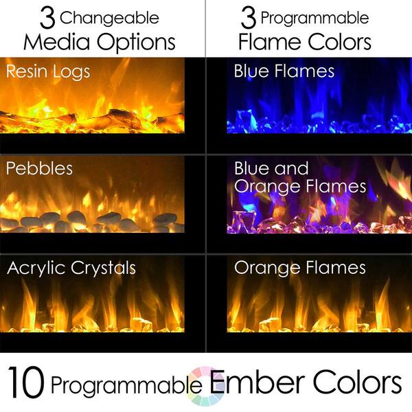 5440 BTU 60 in. Electric Fireplace Wall-Mount or Recessed 10 Ember Colors,  3 Media-Touch Screen and Remote in Black 988515DGO - The Home Depot