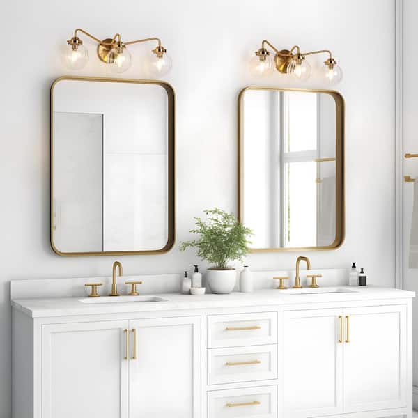 Modern 22 in. 3-Light Plated Brass Bathroom Vanity Light with Globe Glass Shades Contemporary Bedroom Wall Sconce