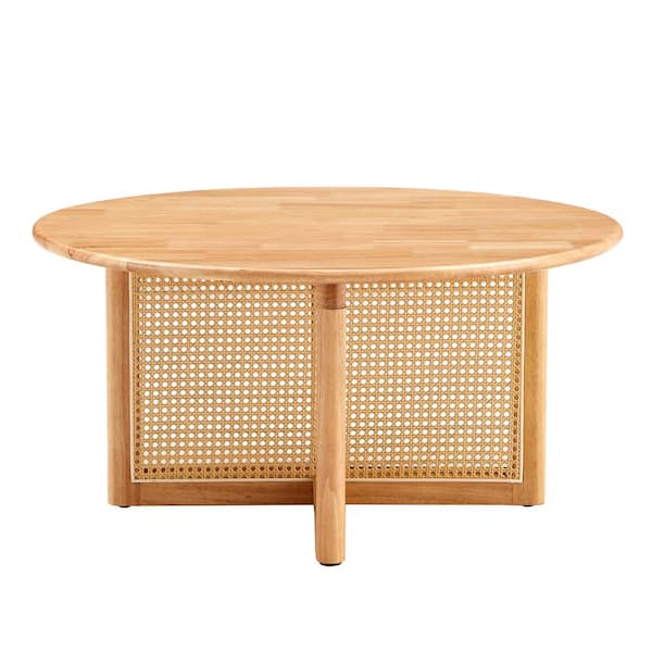 Zeus & Ruta 33 in. Wooden Round Coffee Table with Faux Rattan Accents Perfect for Stylish Living Room and Cozy Tea Time