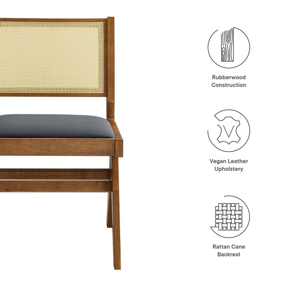 Walnut Black Low Rattan Cane Side Chair with Faux Leather Seat