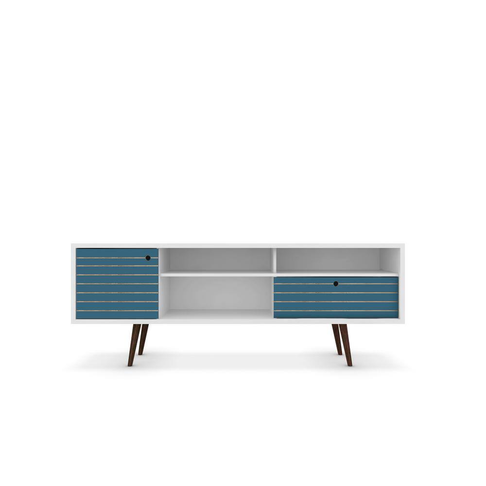 White and Aqua Blue Mid-Century Modern TV Stand with Cabinet