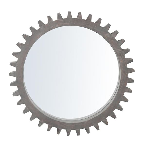 IDEAGLE 26 in. W x 26 in. H Oval Wood Frame Brown Wall Mirror, Hanging Gear Shape Decorative Mirror for Bathroom Living Room