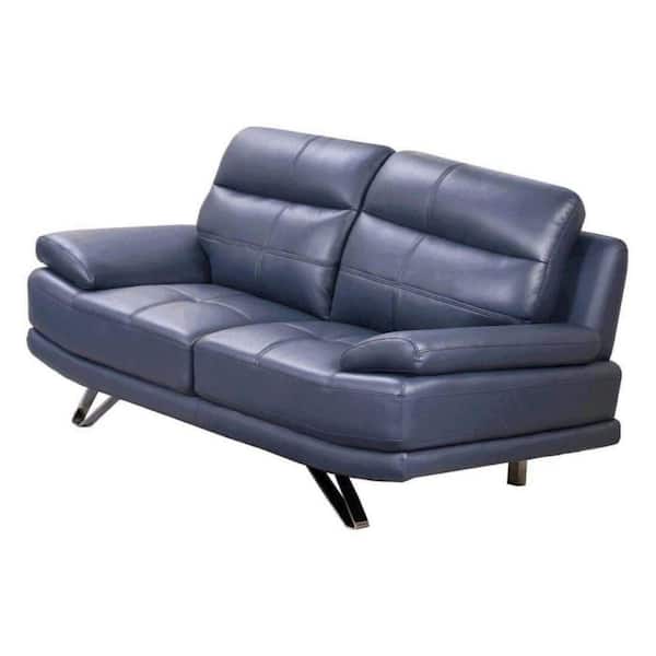 Benjara 67 in. Blue Solid Leather 2-Seater Loveseat with Channel Tufted