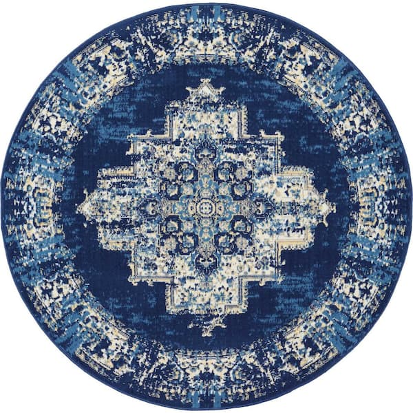 Nourison Grafix Navy Blue 5 ft. x 5 ft. Persian Farmhouse Round Area