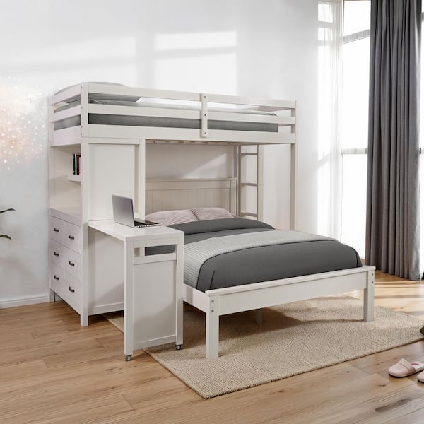 Warby White Twin Over Full Wood Modular Loft Bed with Desk and USB Ports