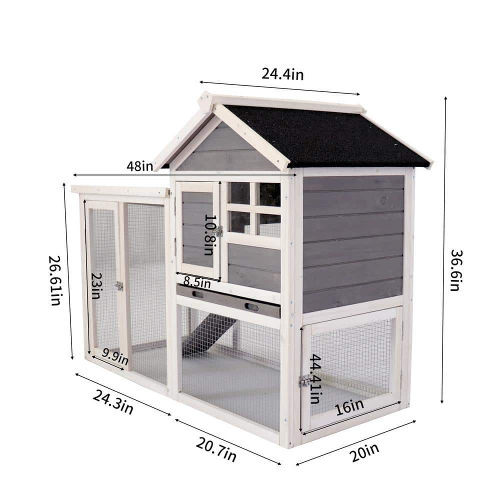 Gray and White 48'' Wooden Chicken Coop with Enclosure