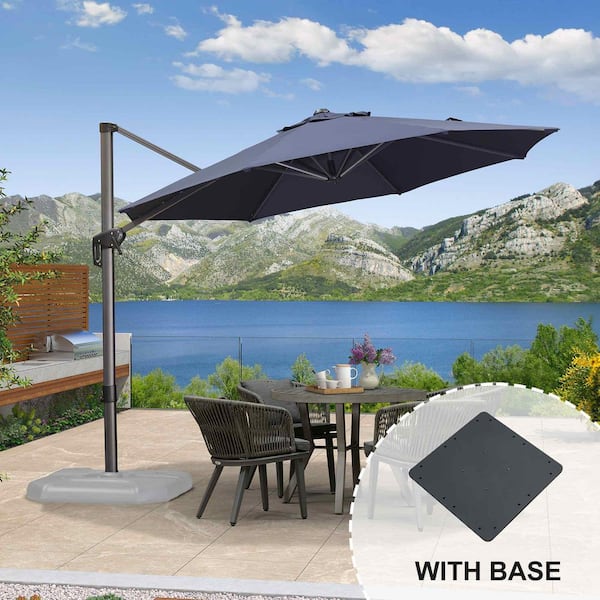 PURPLE LEAF 10 ft. Octagon Aluminum Outdoor Patio Cantilever Umbrella 360-Degree Rotation Umbrella with Base Plate, Navy Blue