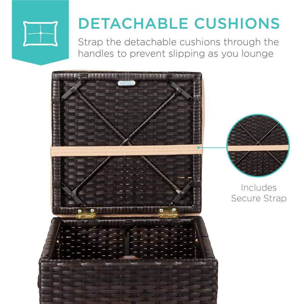 Brown Steel Frame Outdoor Wicker Ottomans with Beige Cushions
