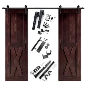 30 in. x 84 in. X-Frame Red Mahogany Double Pine Wood Interior Sliding Barn Door with Hardware Kit Non-Bypass