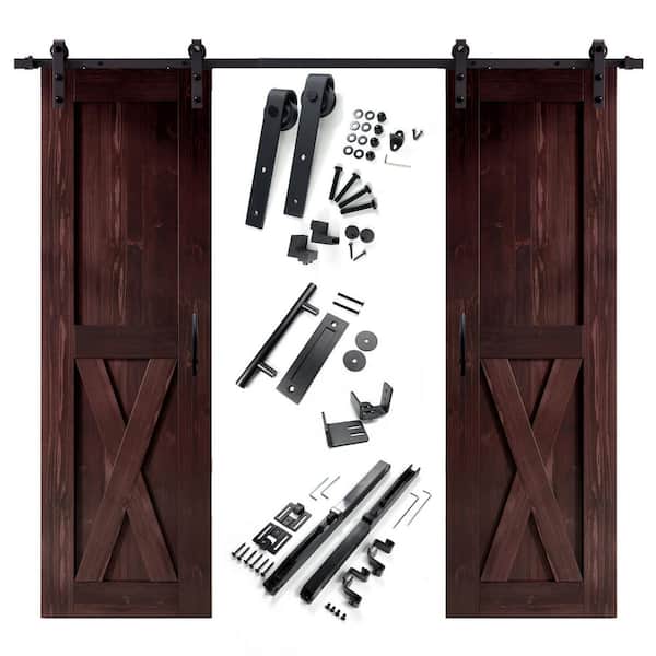 HOMACER 30 in. x 84 in. X-Frame Red Mahogany Double Pine Wood Interior Sliding Barn Door with Hardware Kit Non-Bypass