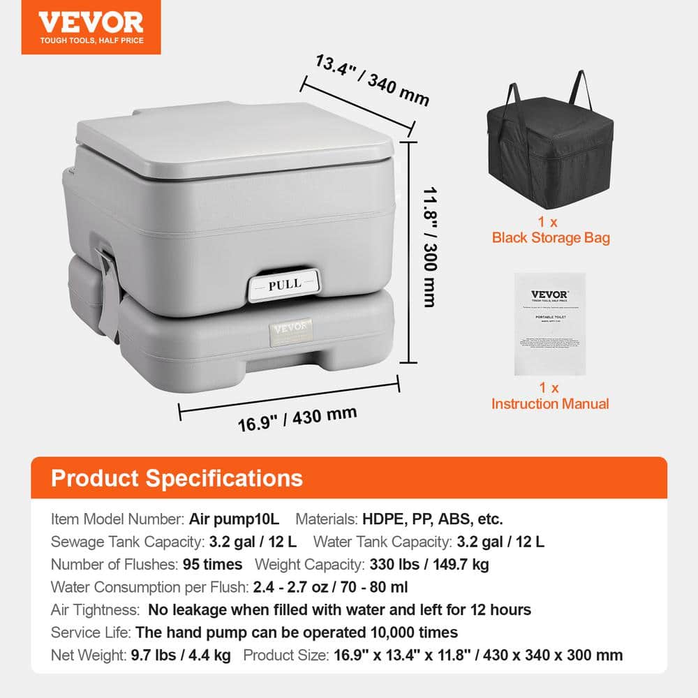 Gray Plastic Freestanding Portable Camping Toilet with 3.2 Gallon Tanks
