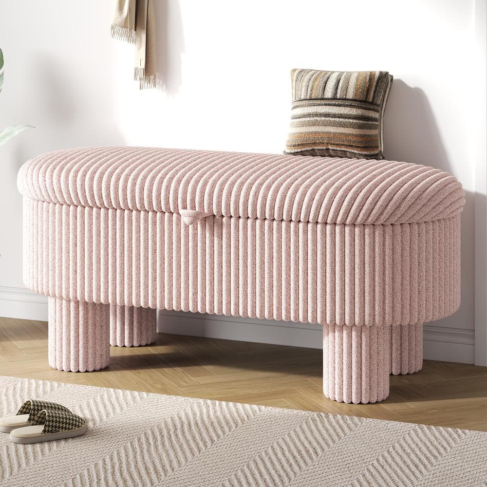 Pink Storage Corduroy Upholstered Ottoman with Lift-Top Lid