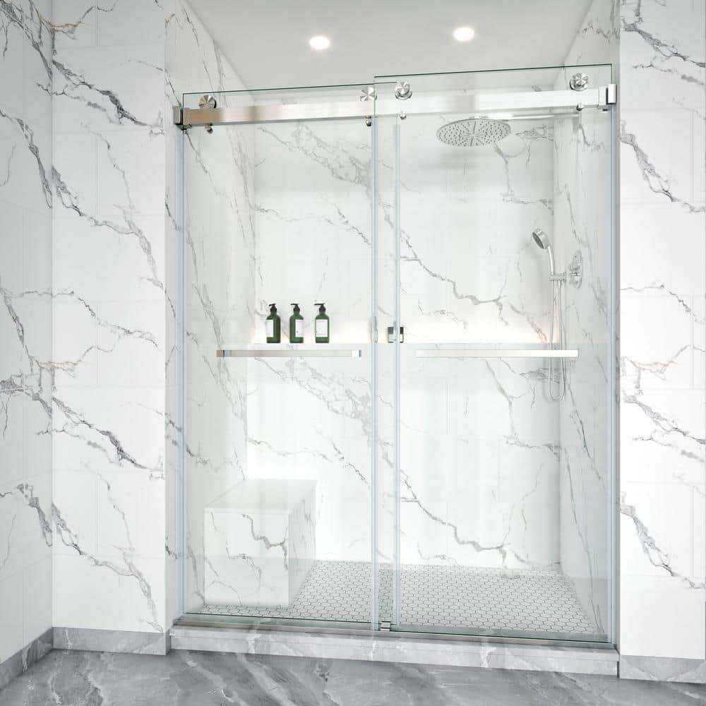 56-60 in. W x 76 in. H Double Sliding Frameless Shower Door Brushed Nickel with 3/8 in. Clear Glass price history on PriceWatchPro