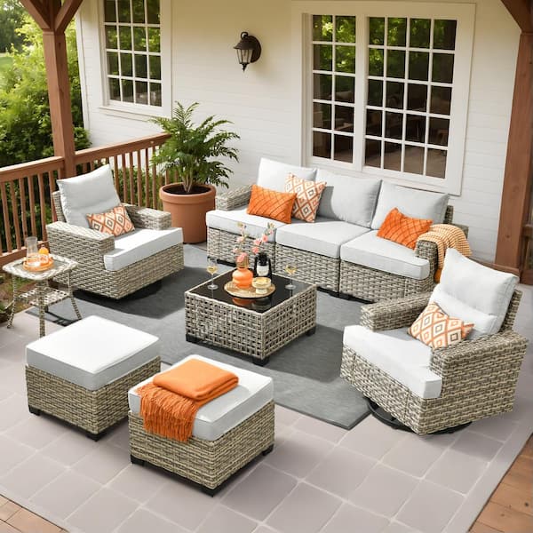 HOOOWOOO Kelleys 9-Piece Wicker Outdoor Patio Conversation Sofa Furniture Set with Swivel Chairs, Tables and Light Grey Cushions