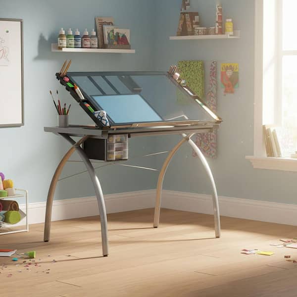 Futura Craft 38 in. W Silver/Blue Glass Craft Table with Angle Adjustable Top, Light Pad Support Bars and Leg Extensions