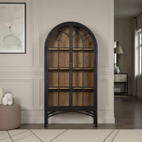 Veria Black  43 in. Iron China Display Cabinet with 2 Glass Door and  Arch Frame
