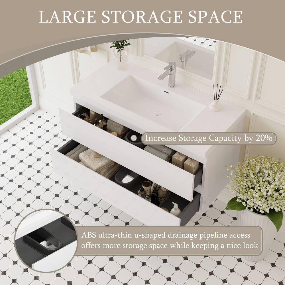 42" Glossy White MDF Floating Bathroom Vanity with Resin Sink