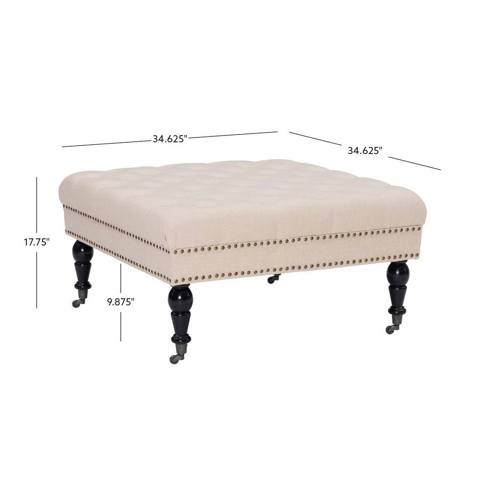 Isabelle 35" Tufted Linen Ottoman with Nailhead Accents