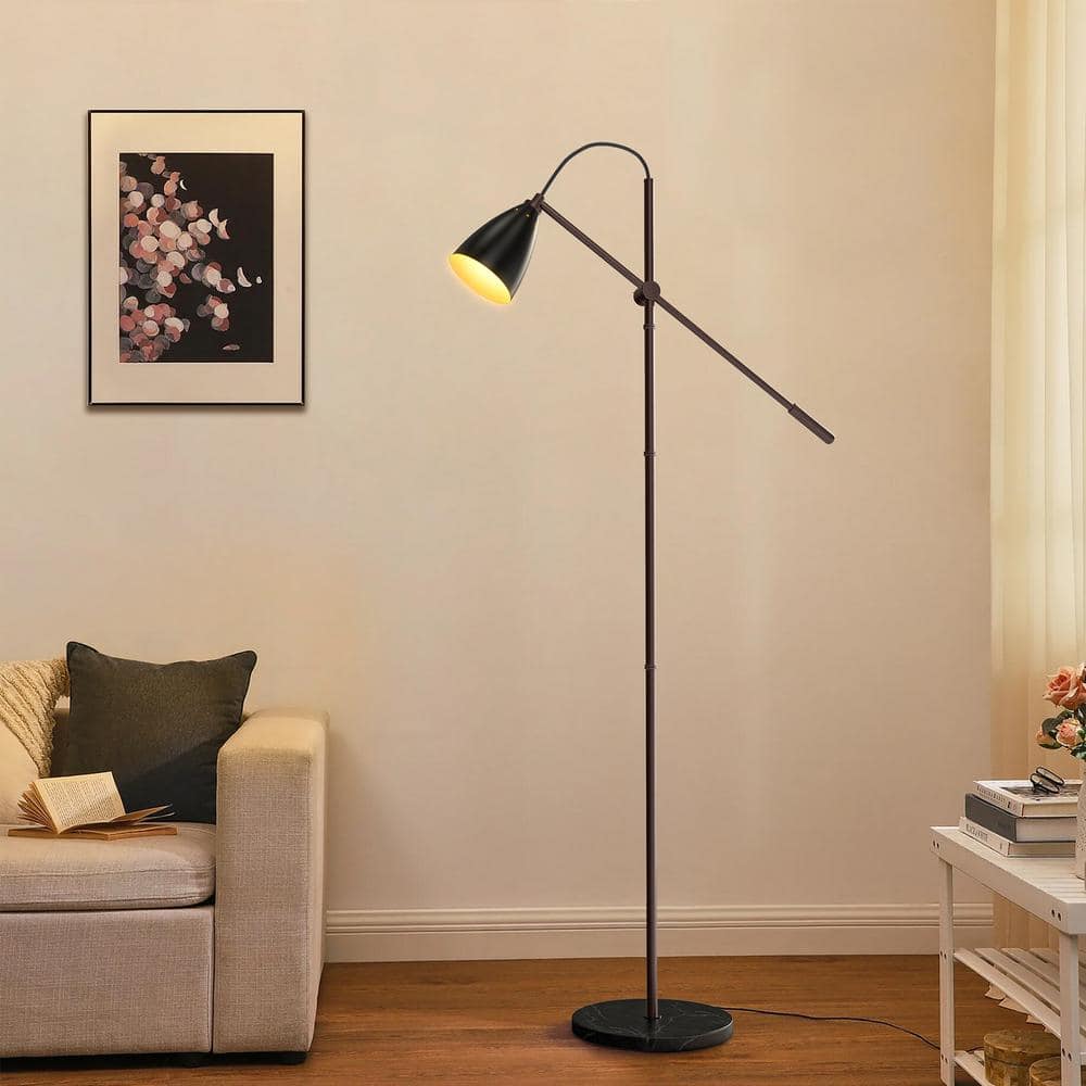 65" Adjustable Black Metal and Marble Arc Floor Lamp