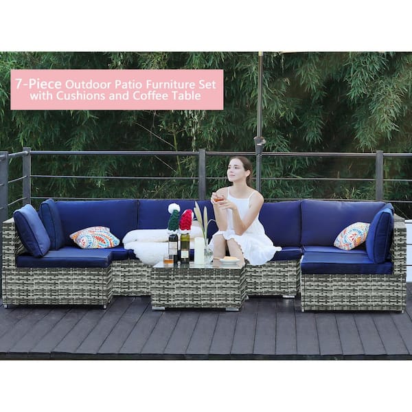 Unbranded HZY 7-Pieces Gray Wicker Outdoor Sectional Set with Navy Blue Cushions and Coffee Table