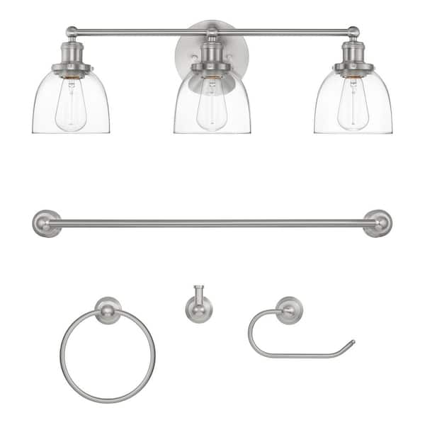 Home Decorators Collection Evelyn 26.75 in. 3-Light Brushed Nickel Industrial Vanity with 4-Piece Bathroom Hardware Accessory Kit