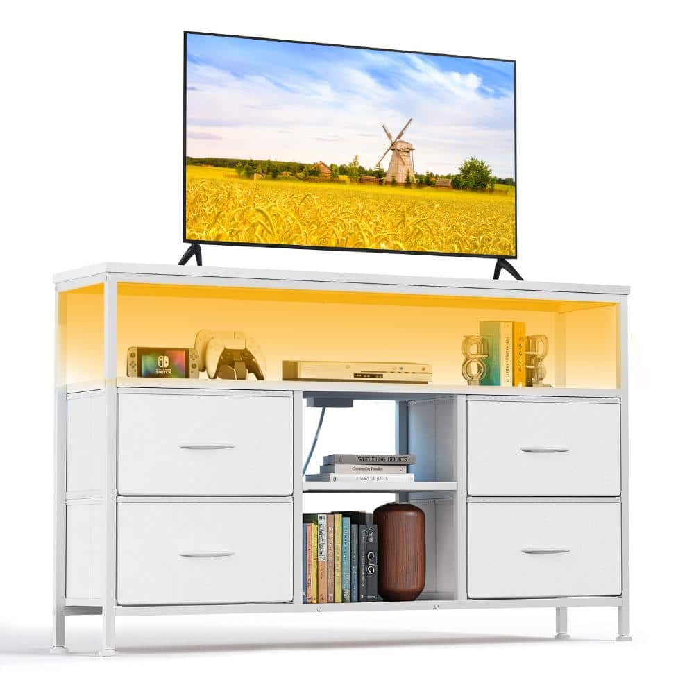 Chic White TV Stand with LED Lights, Storage Shelves & Drawers Fits TVs up to 28 to 48 in. for Living Room