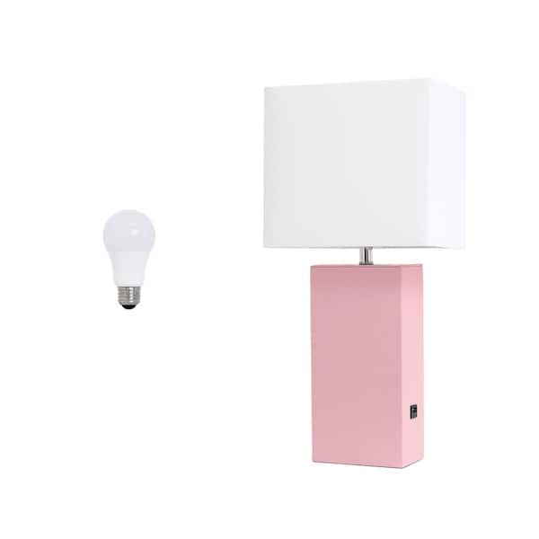 Lalia Home 21 in. Modern Leather Base Table Lamp for Living Room with USB Charging Port and Feit LED Bulb, Pink
