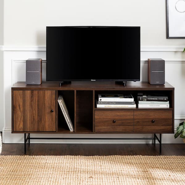 Walker Edison Furniture Company 60 in. Dark Walnut Composite TV Stand with 3 Drawer Fits TVs Up to 66 in. with Storage Doors