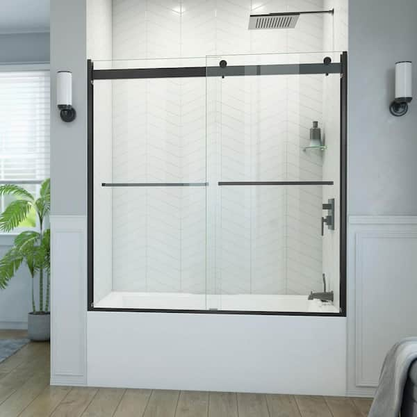 Dreamline Essence H 60 In W X 60 In H Sliding Semi Frameless Tub Door In Matte Black With