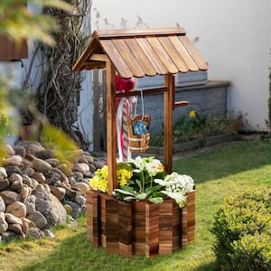 Outdoor Wishing Well Wooden Planter with Hanging Bucket for Garden, Patio, Yard Decor Upgrade - Reinforced Base