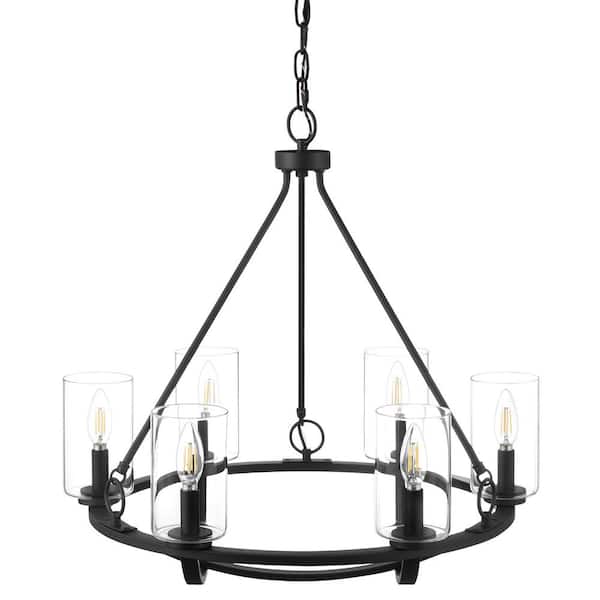 Hampton Bay Moritz 6-Light Matte Black Candlestick Pendant with Clear Glass Shades