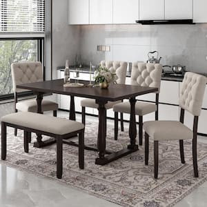6-Piece Espresso Wood Top Dining Table and Chair Set with Special-Shaped Legs and Foam-Covered Seat Backs Cushions