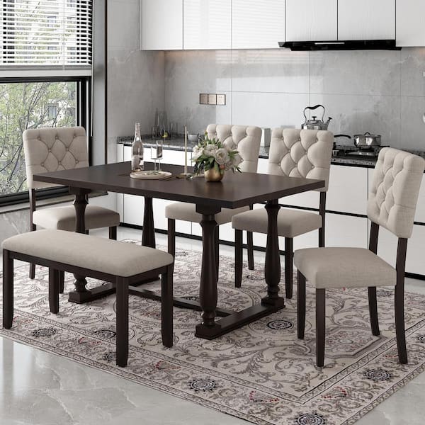 Harper & Bright Designs 6-Piece Espresso Wood Top Dining Table and Chair Set with Special-Shaped Legs and Foam-Covered Seat Backs Cushions