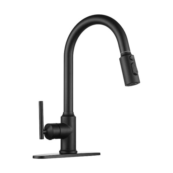 IVIGA 3 Patterns Stainless Steel Single Handle Pull Down Sprayer Kitchen Faucet with Flexible Hose and Deckplate in Black