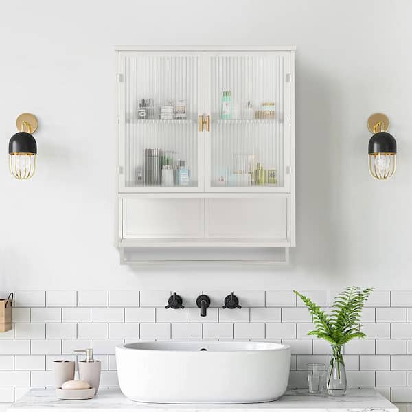 23.62 in. W x 9.06 in. D x 30.71 in. H Glass Door Bathroom Storage Wall Cabinet with 2-Tier Storage, Towel Rack in White