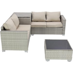 4-Piece Gray-White Hand-Woven Rattan Wicker Outdoor Patio Sectional Sofa Set with Beige Cushions and Storage Box