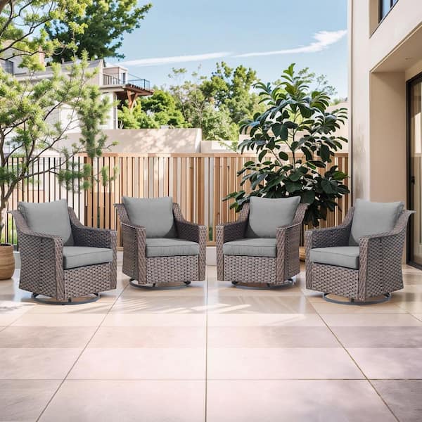 Slimline 4-Piece Brown Swivel Glider Wicker Outdoor Rocking Chair with Gray Cushions and 4 in. Wide Armrest