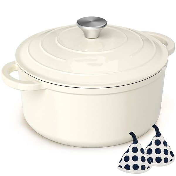 5 qt. Round Enameled Cast Iron Dutch Oven in White with Lid and Cotton Potholders, Heavy-Duty Cookware for Baking