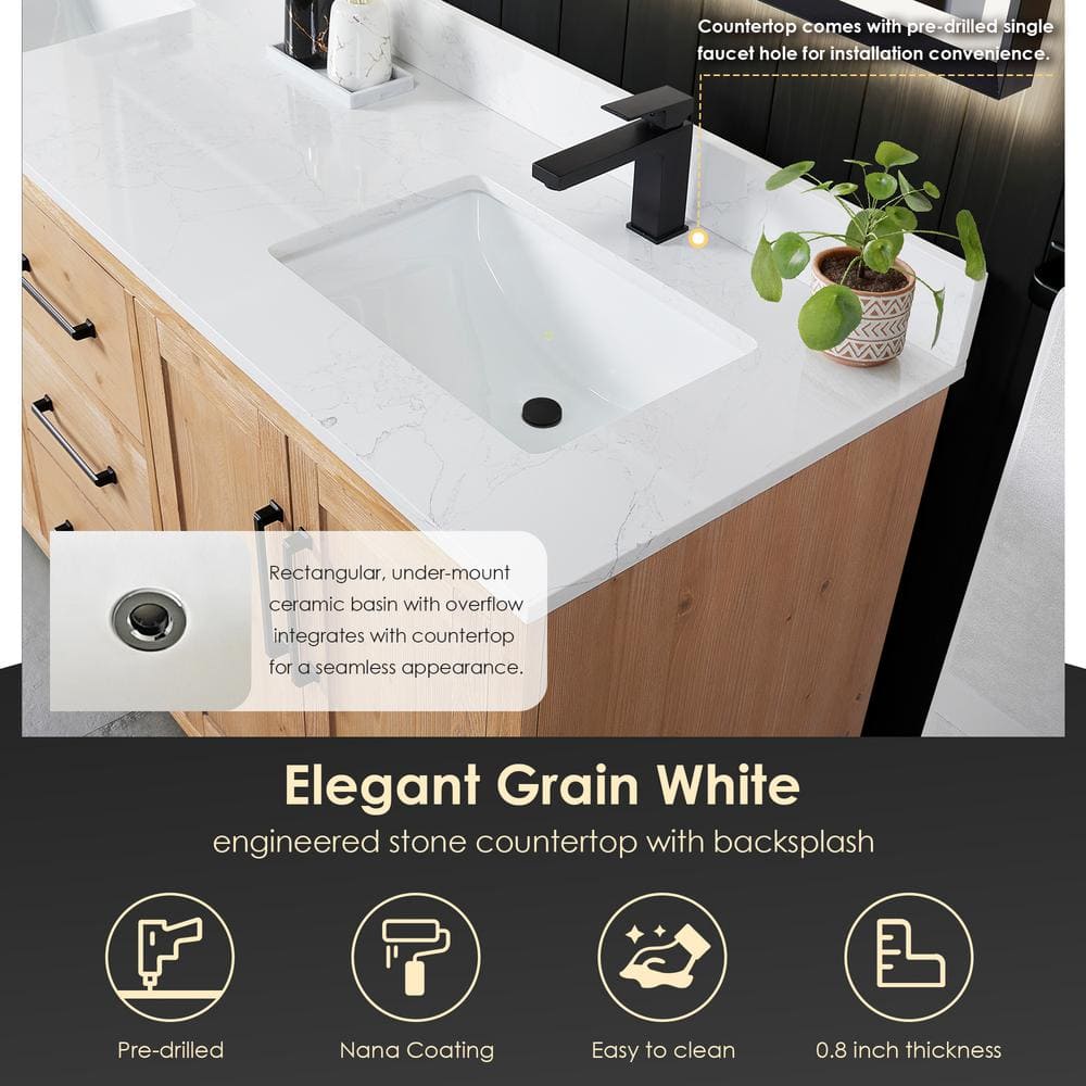 Cicero 72" Light Brown Fir Wood Bathroom Vanity with White Stone Countertop