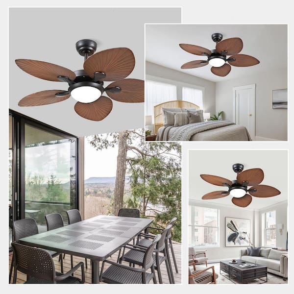52 in. Indoor/Outdoor Black Retro 5 Palm Leaf Shaped Blades Ceiling Fan with Dimmable LED Light and Remote/APP Control
