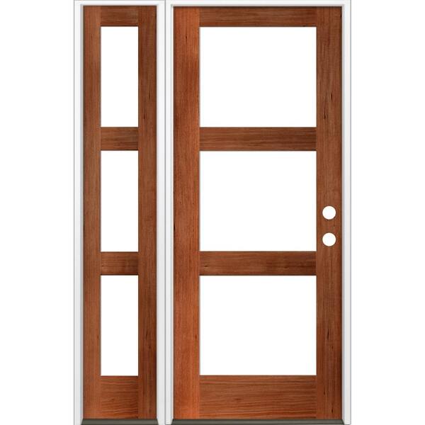 Krosswood Doors 50 in. x 80 in. Modern Hemlock Left-Hand/Inswing 3-Lite Clear Glass Red Chestnut Stain Wood Prehung Front Door with LSL