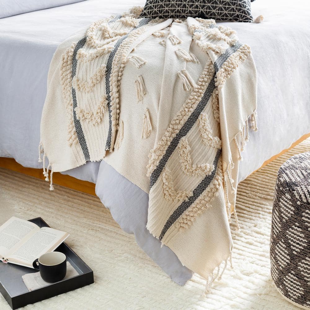 Ivory and Black Cotton Boho Throw Blanket with Tassels